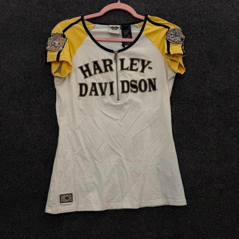 Harley Davidson Zip Front Moto Top Women's Small White Yellow Graphic Tee